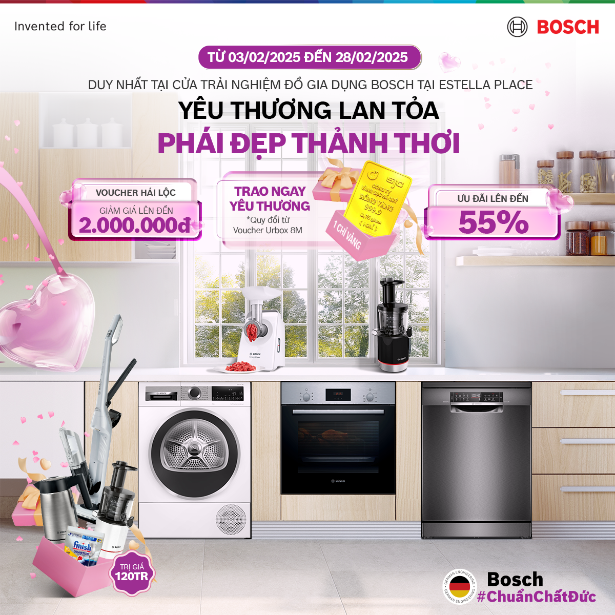 BOSCH LAN TỎA YÊU THƯƠNG CÙNG QUÀ TẶNG HẤP DẪN TỪ 03.02.2025 ĐẾN 28.02.2025 TẠI CỬA HÀNG TRẢI NGHIỆM ĐỒ GIA DỤNG BOSCH - ESTELLA PLACE